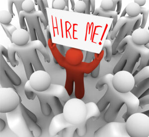 3D rendered illustration of a person holding a hire me sign in a crowd