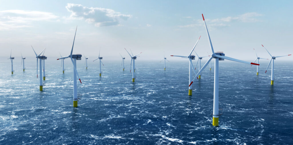 a wind turbine farm at sea