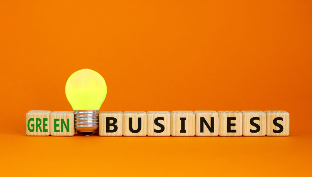 photo concept of a light bulb within wooden cubes spelling the words ‘green business’