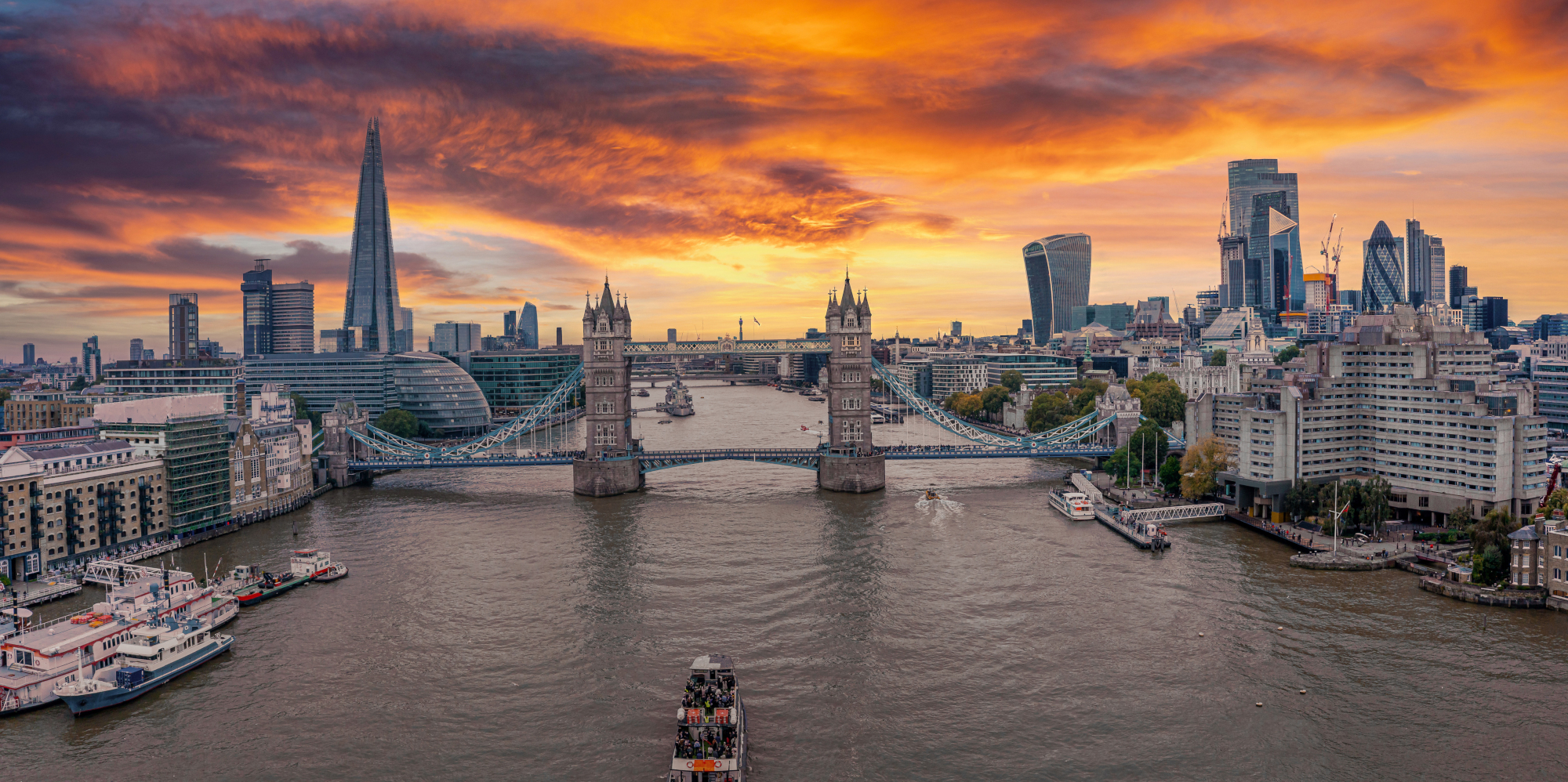aerial panoramic view of the London skyline including Tower Bridge
